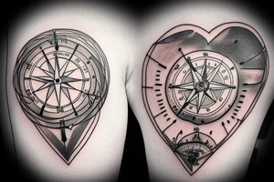 clock mixed with a compass inside of a heart tattoo idea