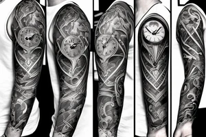 full sleeve tattoo with a clock inside of a heart and a half faced skull with exterior designs around it tattoo idea