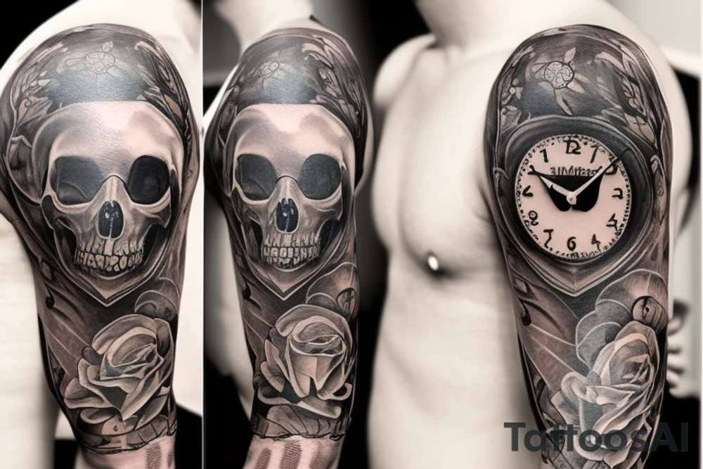 full sleeve tattoo with a clock inside of a heart and a half faced skull with exterior designs around it tattoo idea