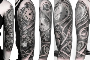 full sleeve tattoo with a clock inside of a heart and a half faced skull with exterior designs around it tattoo idea