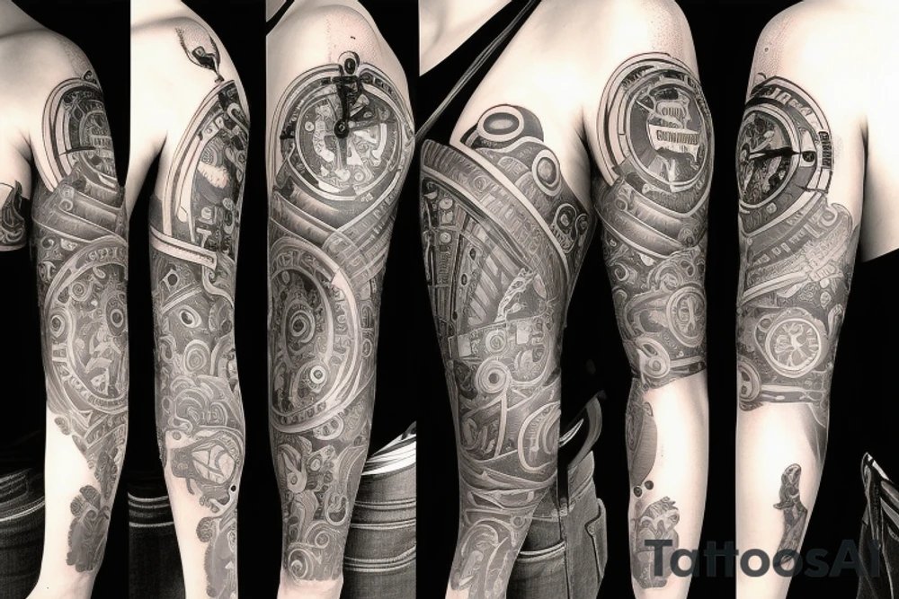 full sleeve tattoo with a clock inside of a heart and a half faced skull with exterior designs around it tattoo idea