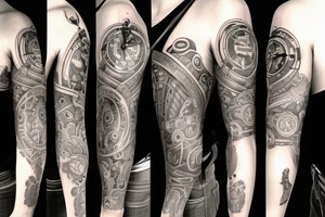 full sleeve tattoo with a clock inside of a heart and a half faced skull with exterior designs around it tattoo idea