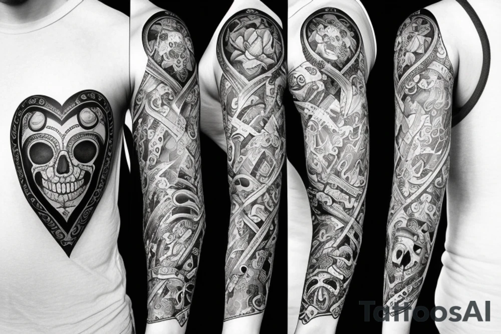 full sleeve tattoo with a clock inside of a heart and a half faced skull with exterior designs around it tattoo idea full sleeve tattoo with a clock inside of a heart and a half faced skull with exterior designs around it tattoo idea