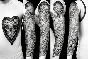 full sleeve tattoo with a clock inside of a heart and a half faced skull with exterior designs around it tattoo idea