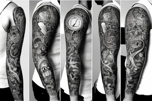 full sleeve tattoo with a clock inside of a heart and a half faced skull with exterior designs around it tattoo idea