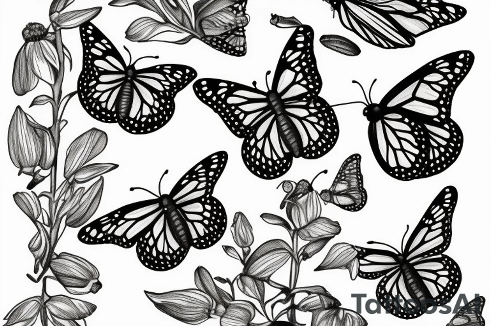 Monarch butterflies on milkweed seeds scattering tattoo idea