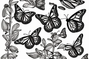 Monarch butterflies on milkweed seeds scattering tattoo idea