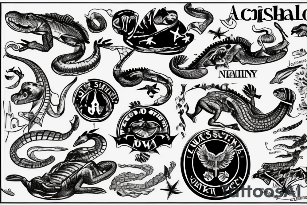 Cover up tattoo over dark script: u.s. navy, shellback, Poseidon, Alligator. tattoo idea