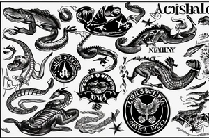 Cover up tattoo over dark script: u.s. navy, shellback, Poseidon, Alligator. tattoo idea