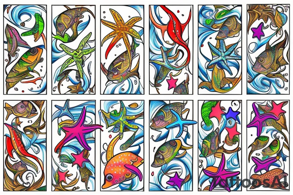 Tropical colored fish with colorful starfish and coral on my forearm tattoo idea
