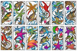 Tropical colored fish with colorful starfish and coral on my forearm tattoo idea