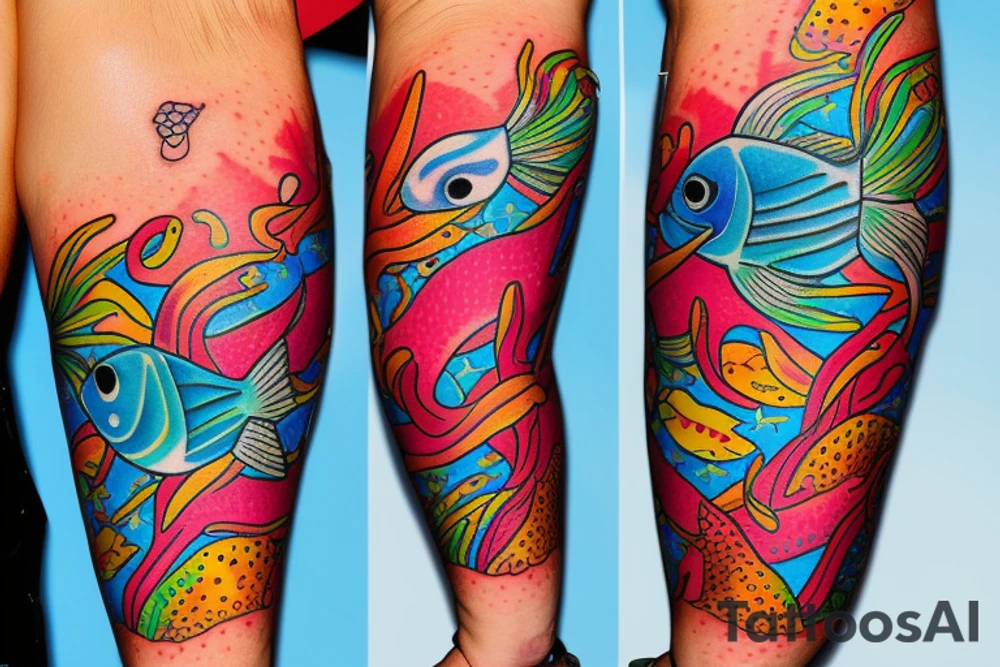 Tropical colored fish with colorful starfish and coral on my forearm tattoo idea