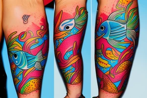 Tropical colored fish with colorful starfish and coral on my forearm tattoo idea