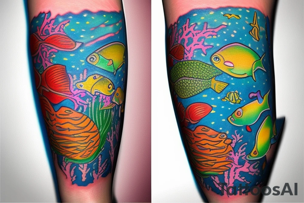 Tropical colored fish with colorful starfish and coral on my forearm tattoo idea