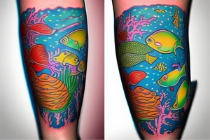 Tropical colored fish with colorful starfish and coral on my forearm tattoo idea