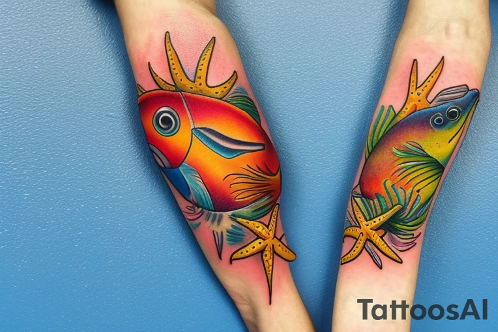 Tropical colored fish with colorful starfish and coral on my forearm tattoo idea