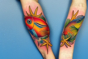 Tropical colored fish with colorful starfish and coral on my forearm tattoo idea