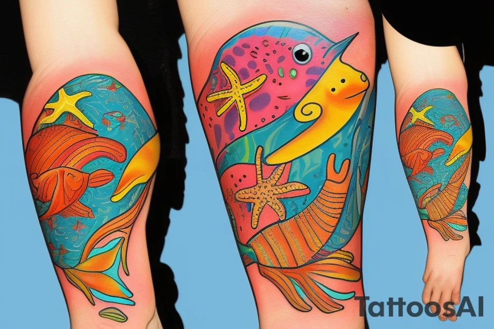 Tropical colored fish with colorful starfish and coral on my forearm tattoo idea
