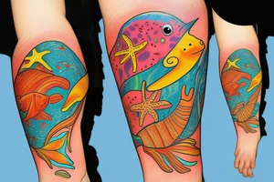 Tropical colored fish with colorful starfish and coral on my forearm tattoo idea