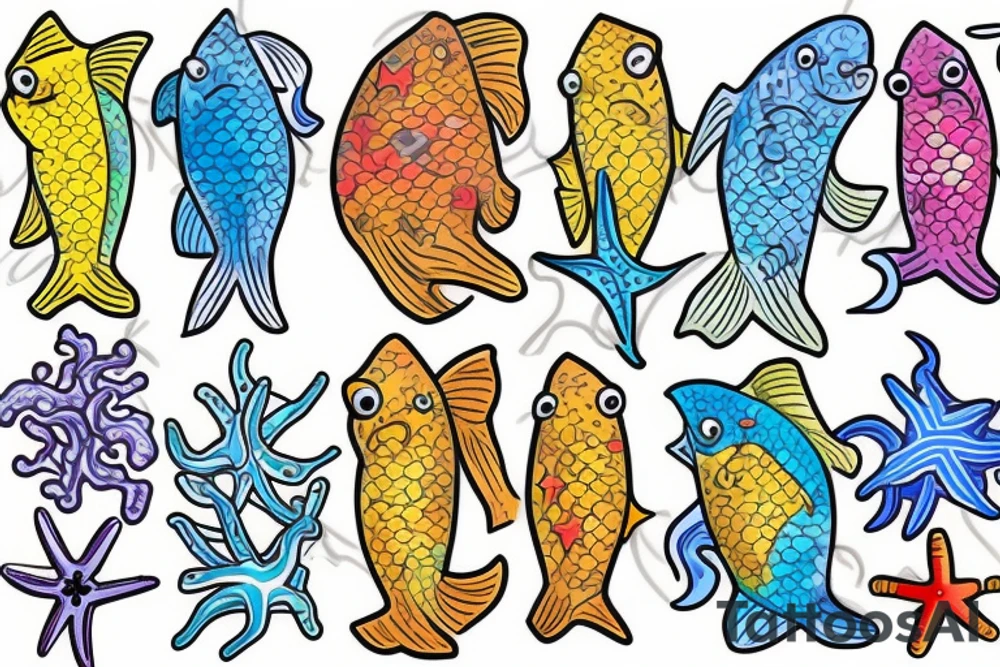Tropical colored fish with colorful starfish and coral on my forearm tattoo idea