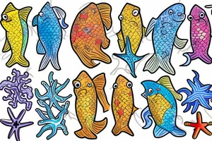 Tropical colored fish with colorful starfish and coral on my forearm tattoo idea