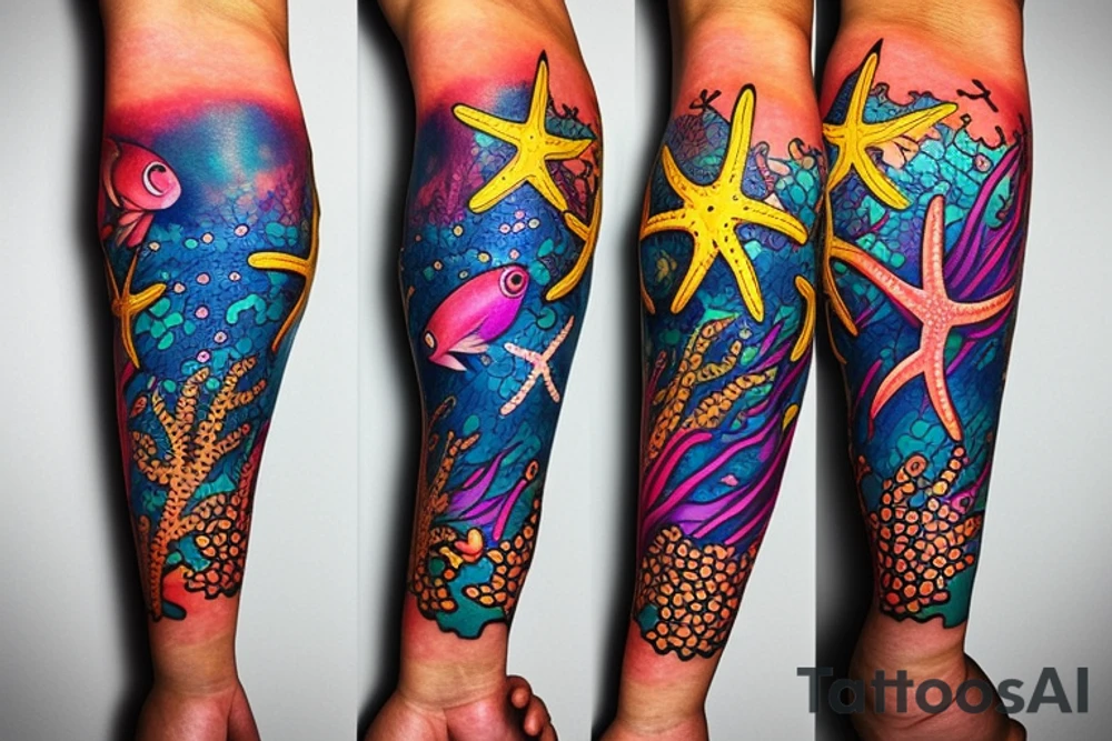 Tropical colored fish with colorful starfish and coral on my forearm tattoo idea