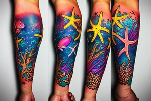 Tropical colored fish with colorful starfish and coral on my forearm tattoo idea