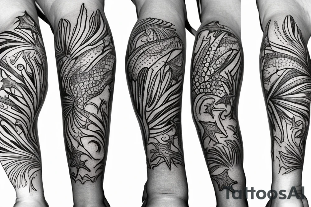 Tropical colored fish with colorful starfish and coral on my forearm tattoo idea