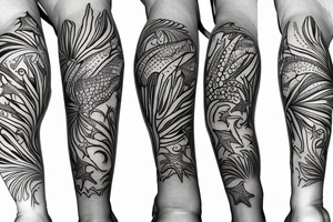 Tropical colored fish with colorful starfish and coral on my forearm tattoo idea