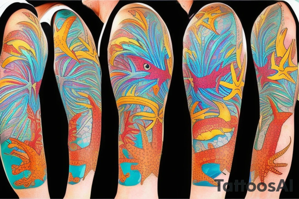 Tropical colored fish with colorful starfish and coral on my forearm tattoo idea