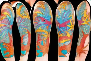 Tropical colored fish with colorful starfish and coral on my forearm tattoo idea