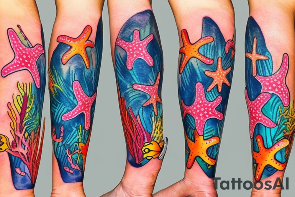 Tropical colored fish with colorful starfish and coral on my forearm tattoo idea