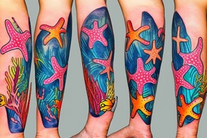 Tropical colored fish with colorful starfish and coral on my forearm tattoo idea
