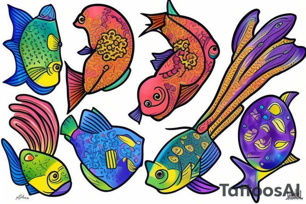 Tropical colored fish with colorful starfish and coral on my forearm tattoo idea