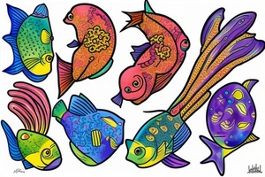 Tropical colored fish with colorful starfish and coral on my forearm tattoo idea