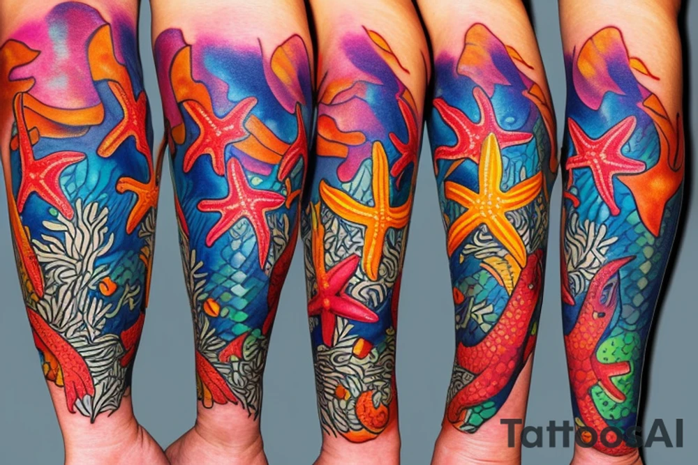 Tropical colored fish with colorful starfish and coral on my forearm tattoo idea