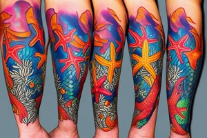 Tropical colored fish with colorful starfish and coral on my forearm tattoo idea
