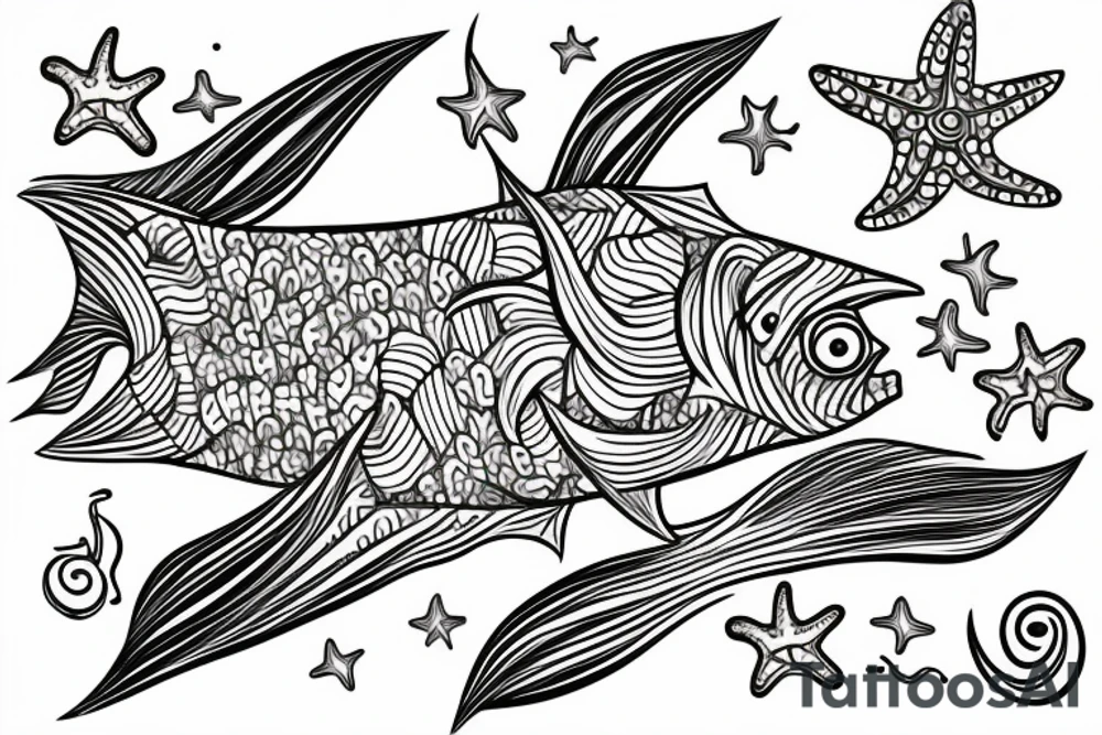 Tropical colored fish with colorful starfish and coral on my Side flank from back tattoo idea
