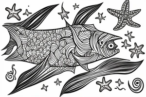 Tropical colored fish with colorful starfish and coral on my Side flank from back tattoo idea