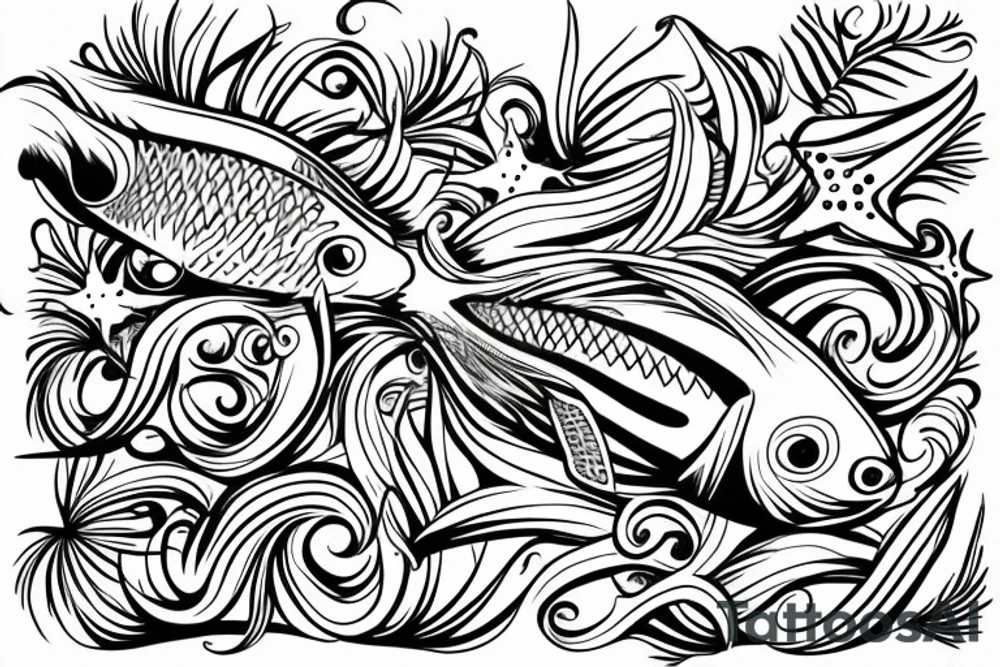 Tropical colored fish with colorful starfish and coral on my Side flank from back tattoo idea
