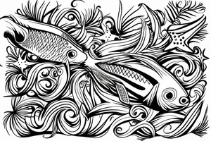 Tropical colored fish with colorful starfish and coral on my Side flank from back tattoo idea