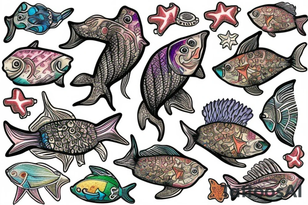 Tropical colored fish with colorful starfish and coral on my Side flank from back tattoo idea