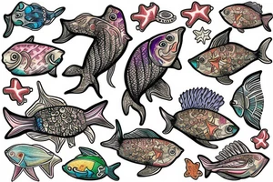 Tropical colored fish with colorful starfish and coral on my Side flank from back tattoo idea