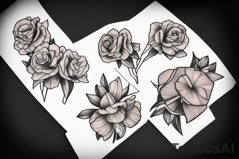 Marigold, violet, rose, daffodil, narcissus bouquet tattoo idea