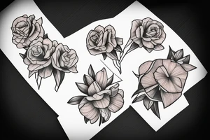 Marigold, violet, rose, daffodil, narcissus bouquet tattoo idea