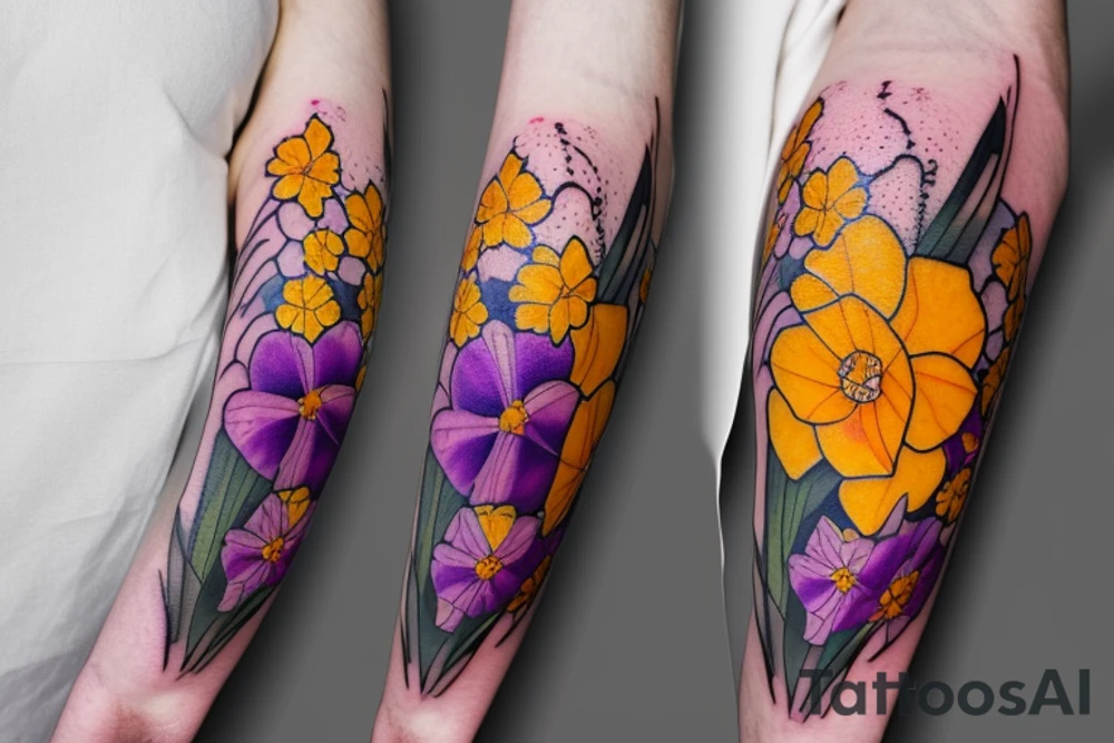 Marigold, violet, rose, daffodil, narcissus bouquet tattoo idea