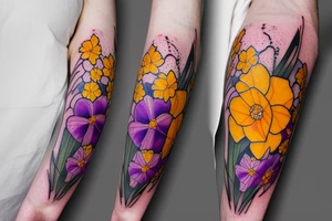 Marigold, violet, rose, daffodil, narcissus bouquet tattoo idea