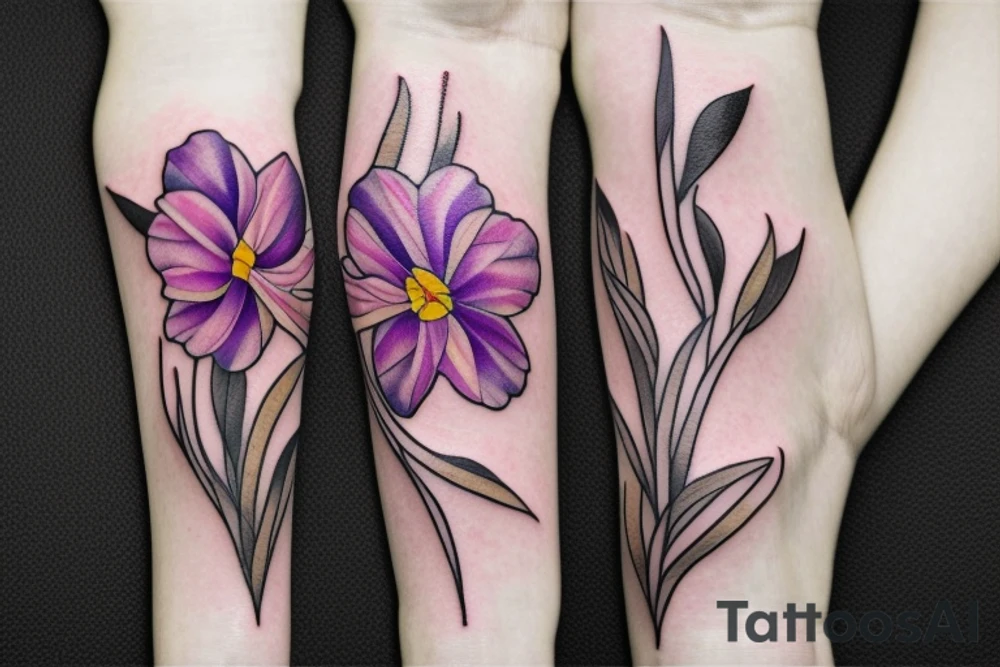 Marigold, violet, rose, daffodil, narcissus flower bouquet tattoo idea