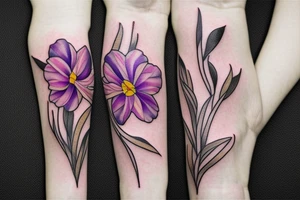 Marigold, violet, rose, daffodil, narcissus flower bouquet tattoo idea