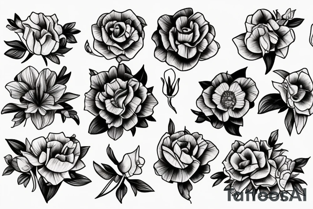 Marigold, violet, rose, daffodil, narcissus flower bouquet tattoo idea